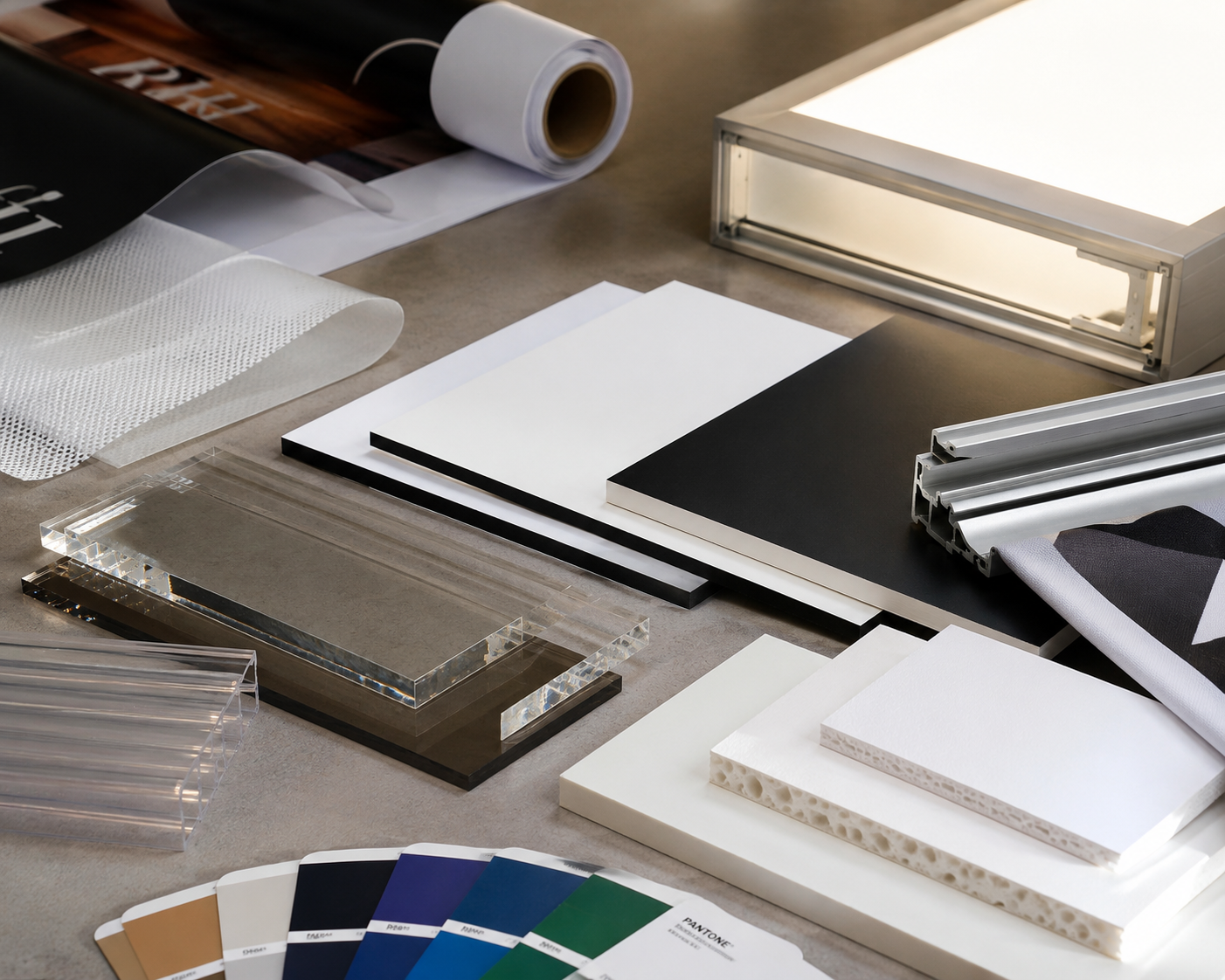 Muestra de materiales y sistemas para Vinilos, textiles, cajas de luz & rígidos
