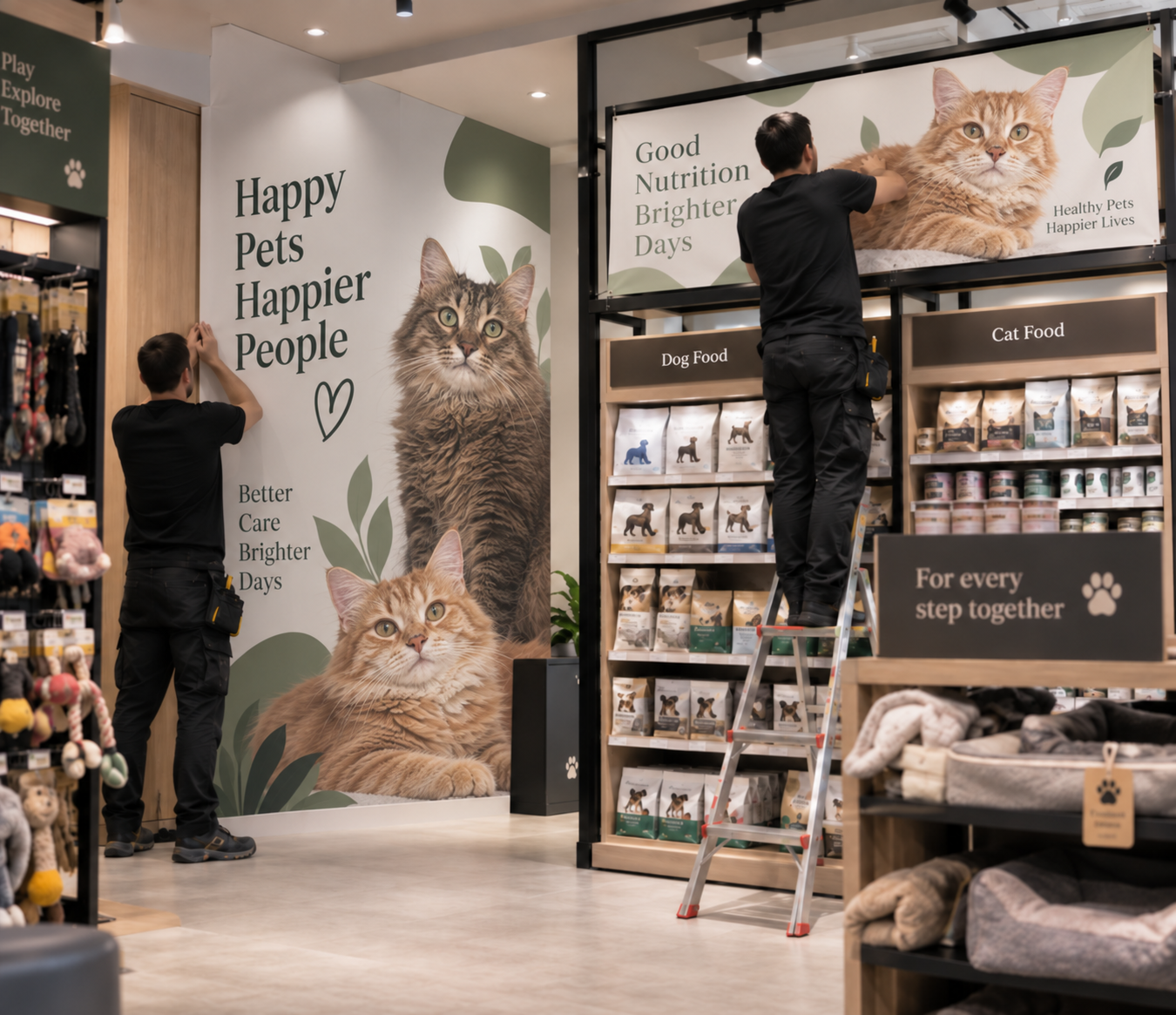 Técnicos instalando elementos de una campaña retail